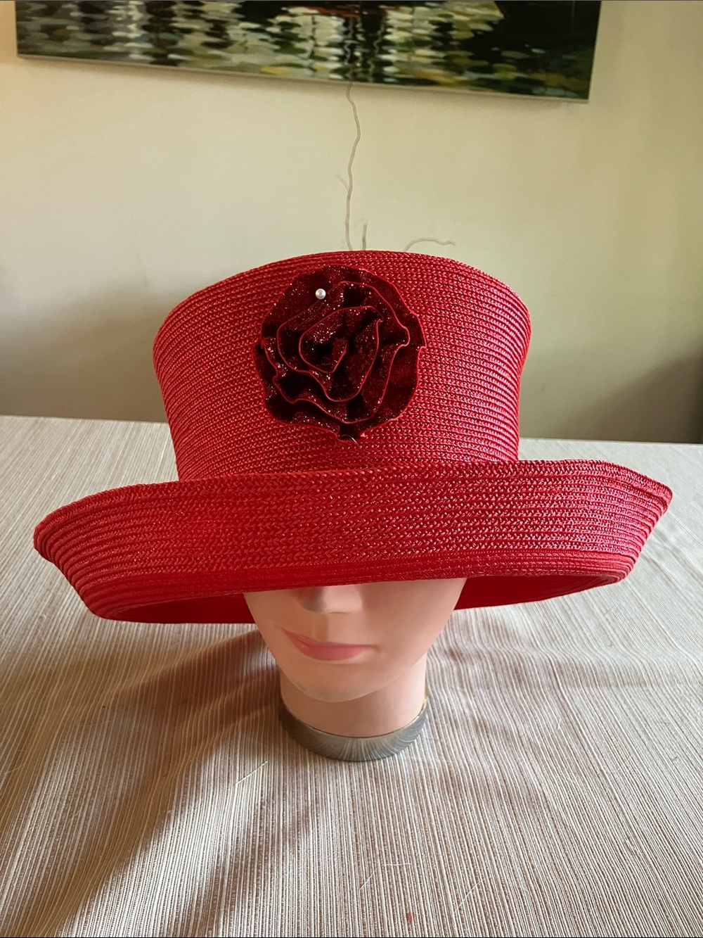 Ladies Red Straw Dress Hat with Decorative Rose Accent